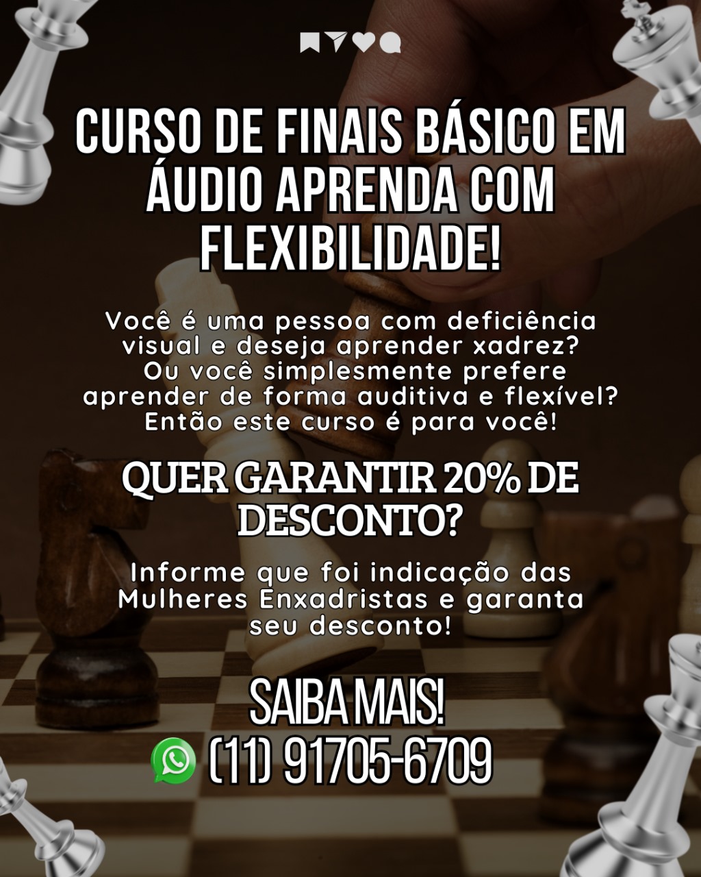 Arte digital com fundo em tom escuro mostrando um tabuleiro de xadrez desfocado. No canto inferior esquerdo, há um cavalo (peça de xadrez marrom) e, ao fundo, outras peças. No canto superior direito, vê-se uma mão segurando uma peça branca, em movimento. No topo, há três ícones pequenos em branco: um triângulo para cima, um triângulo para baixo e um coração. Texto central em letras brancas