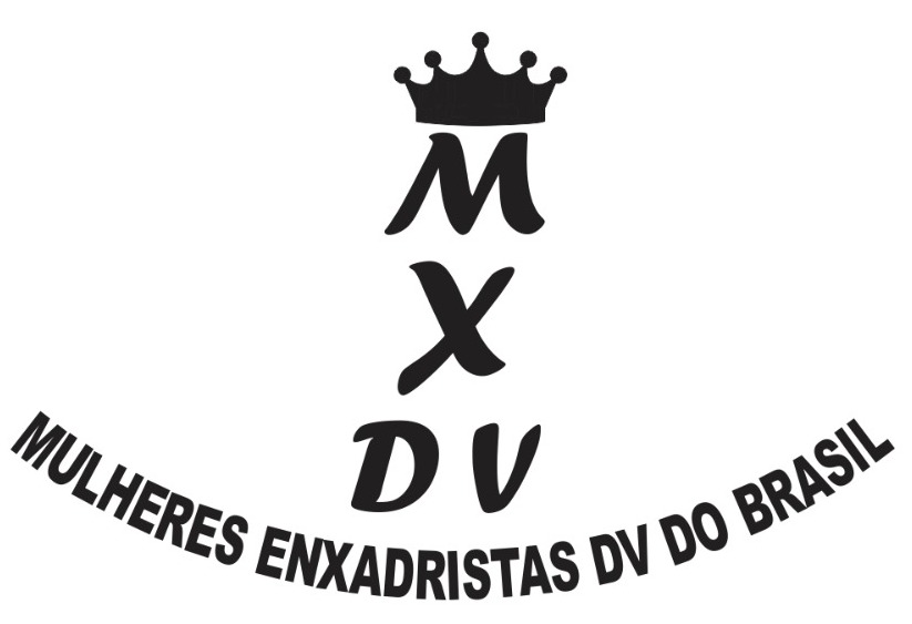 Logotipo do grupo Mulheres Enxadristas DV do Brasil. No centro, as letras M, X e DV aparecem dispostas verticalmente, com uma coroa preta acima da letra M. Abaixo, em semicírculo, está escrito 'MULHERES ENXADRISTAS DV DO BRASIL' em letras maiúsculas pretas