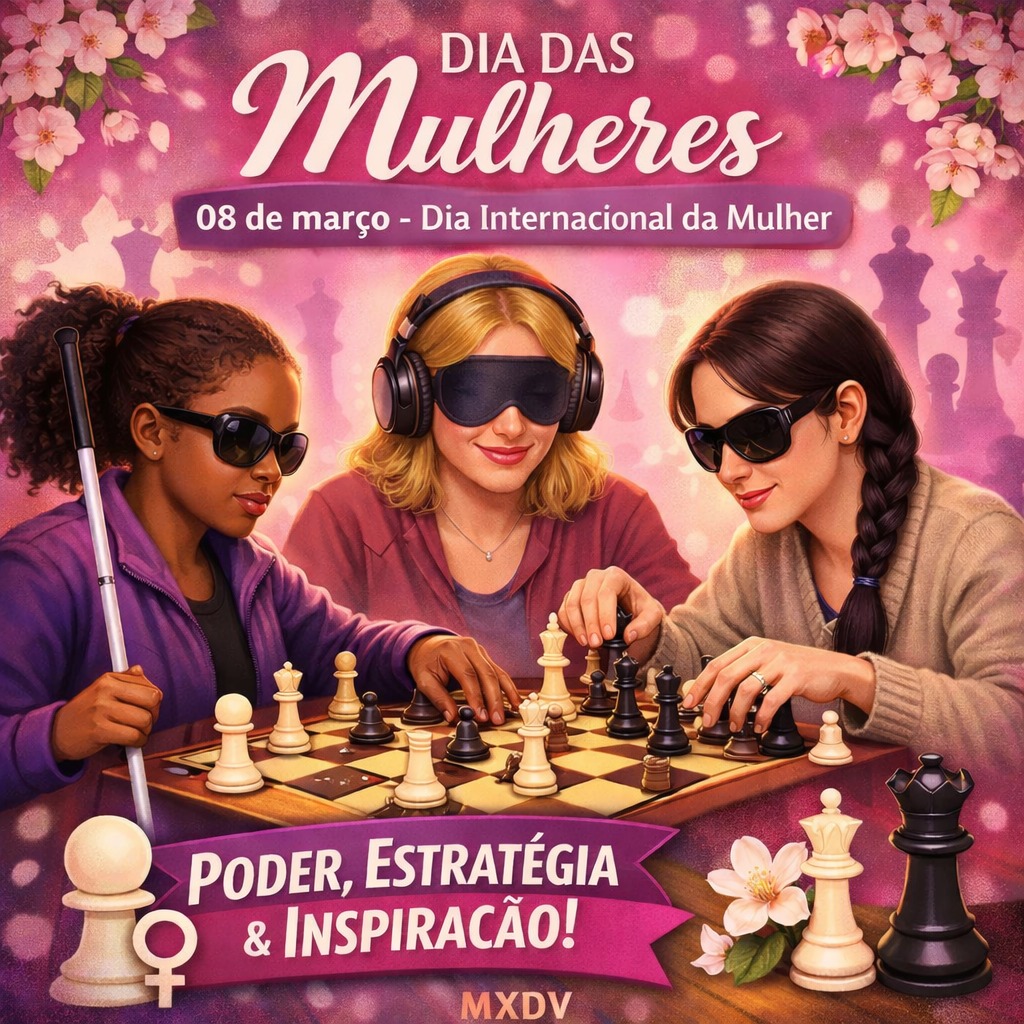 Arte em formato quadrado para feed. Ao fundo, tons em degradê rosa e lilás com flores delicadas e silhuetas de peças de xadrez. No centro, três mulheres jogam xadrez em um tabuleiro tátil. Uma delas utiliza bengala branca e óculos escuros; outra usa venda e fones de ouvido; a terceira também utiliza óculos escuros. As mãos estão posicionadas sobre as peças, destacando o toque como forma de percepção. No topo está escrito “Dia das Mulheres”. Abaixo: “08 de março – Dia Internacional da Mulher”. No rodapé, a sigla “MXDV”.